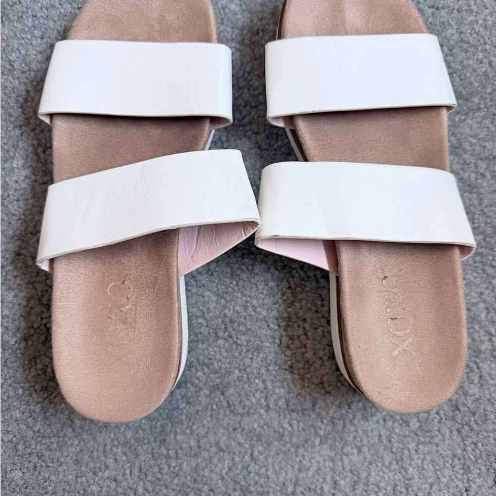 XOXO White Double-Strap Slide Sandals with Tan Footbed